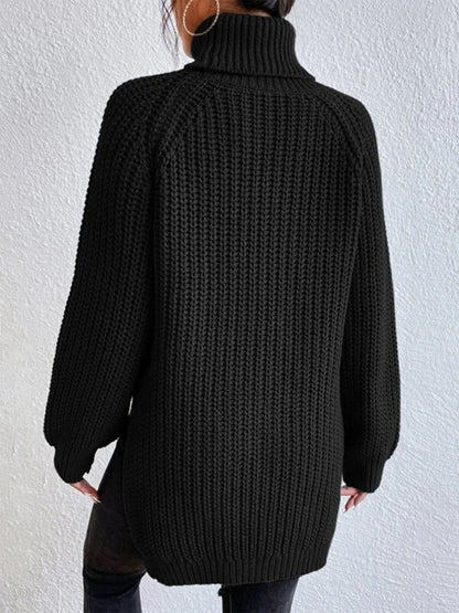 Turtleneck Rib-Knit Slit Sweater