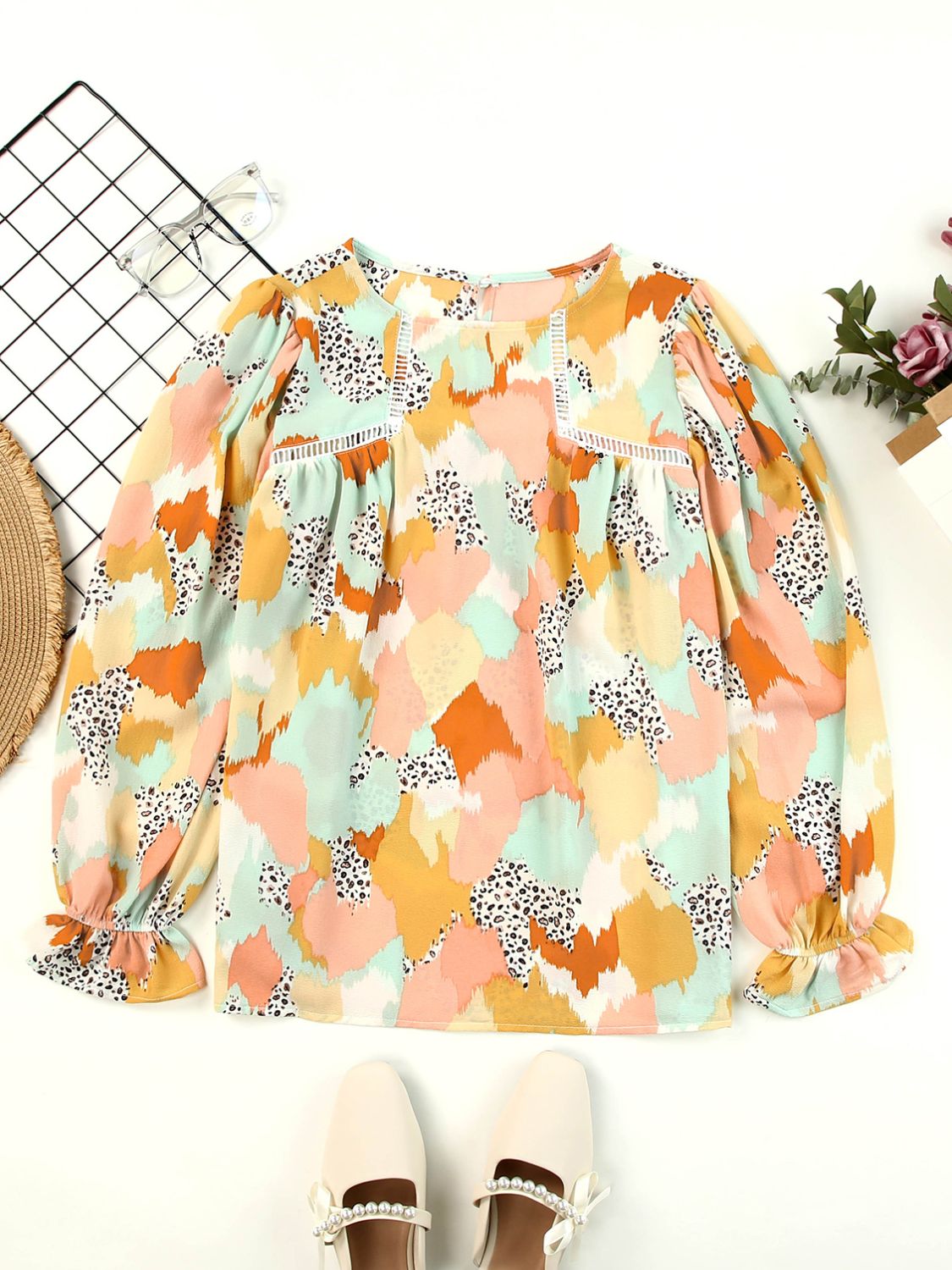 Printed Flounce Sleeve Buttoned Blouse