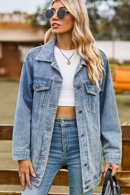 Buttoned Collared Neck Denim Jacket with Pockets