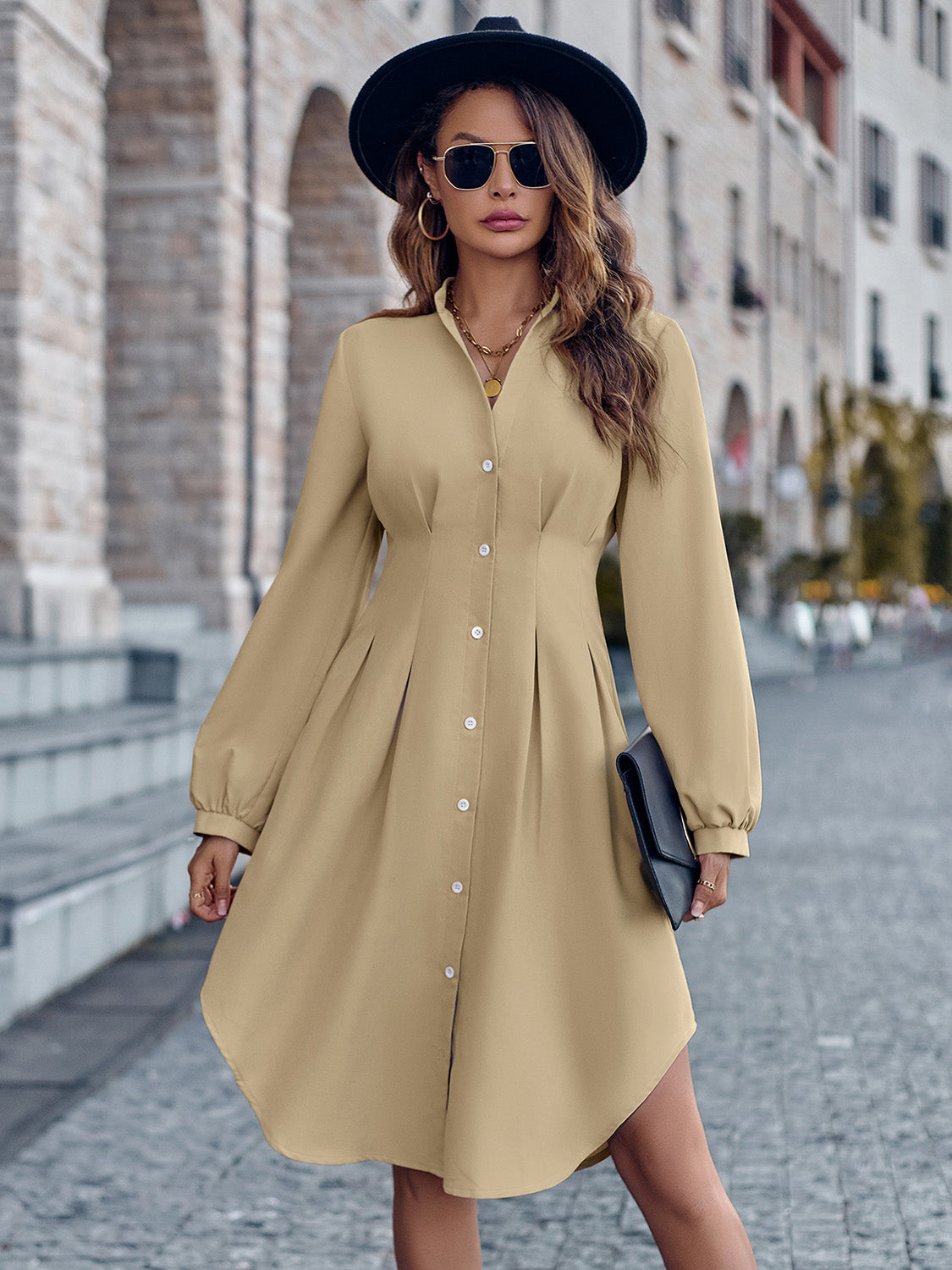 Notched Neck Long Sleeve Dress