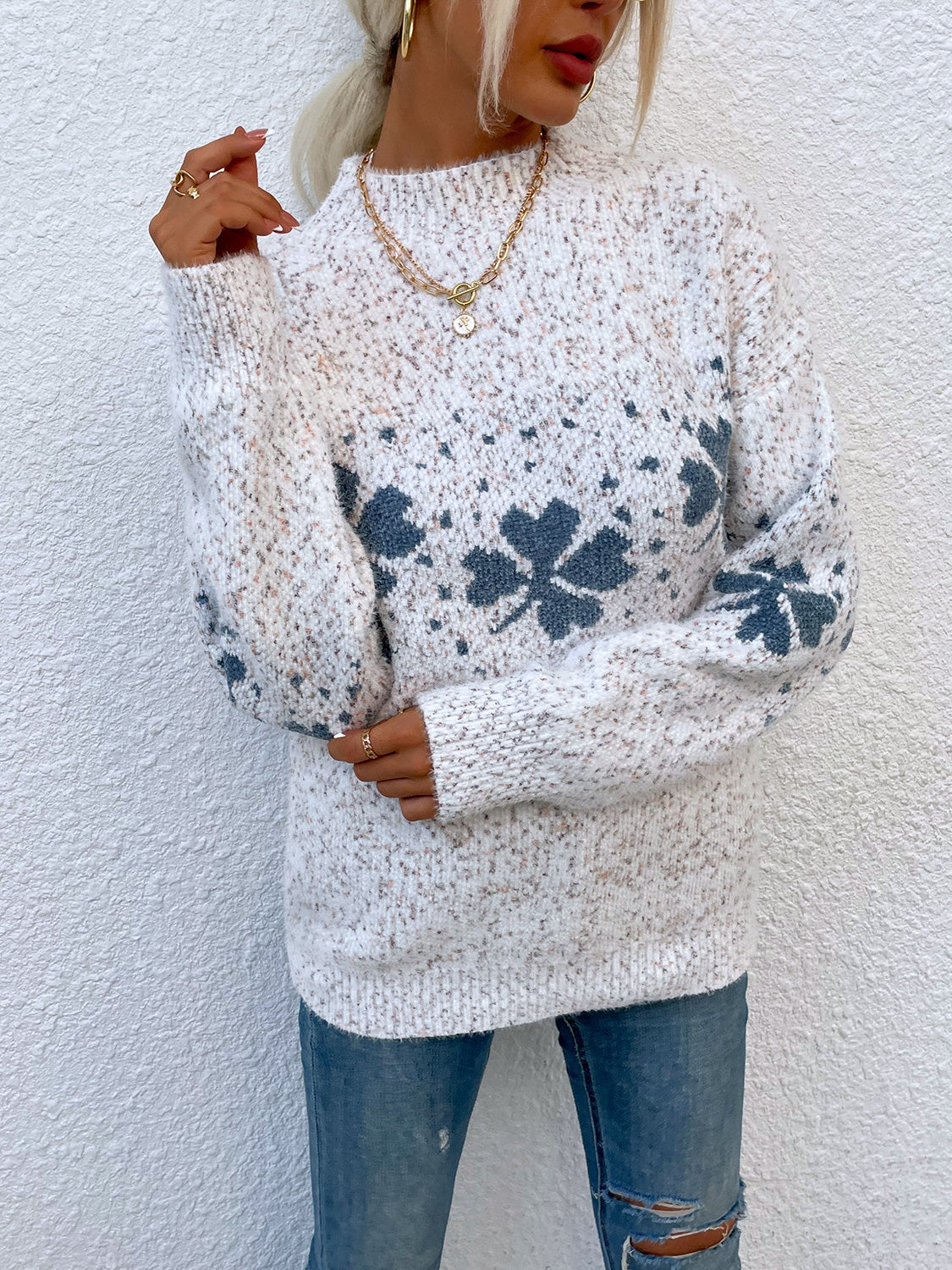 Four Leaf Clover Mock Neck Sweater