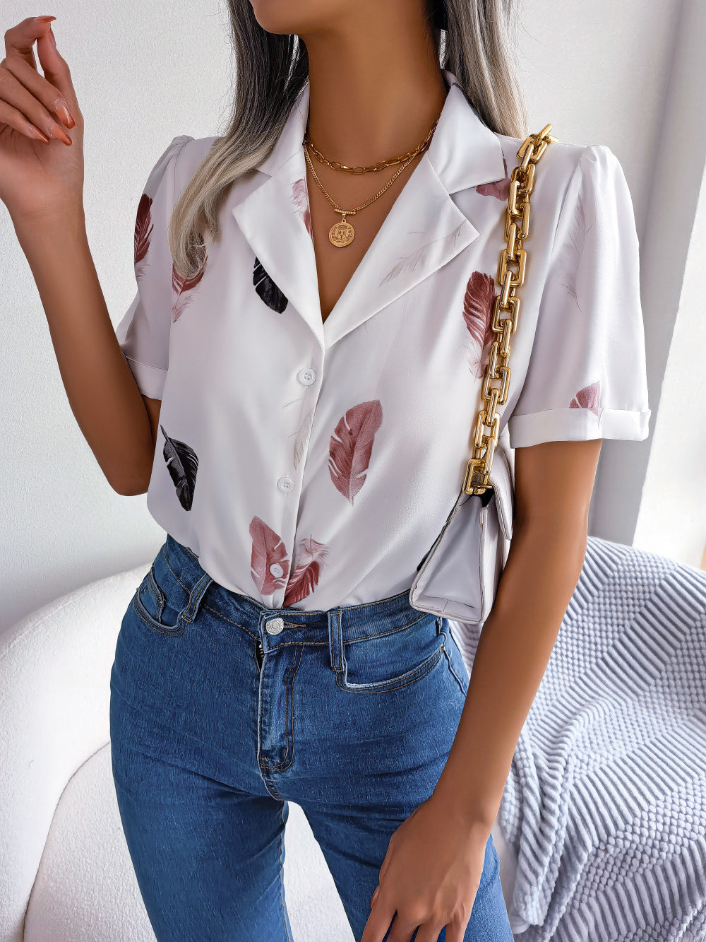 Feather Print Lapel Collar Puff Sleeve Shirt