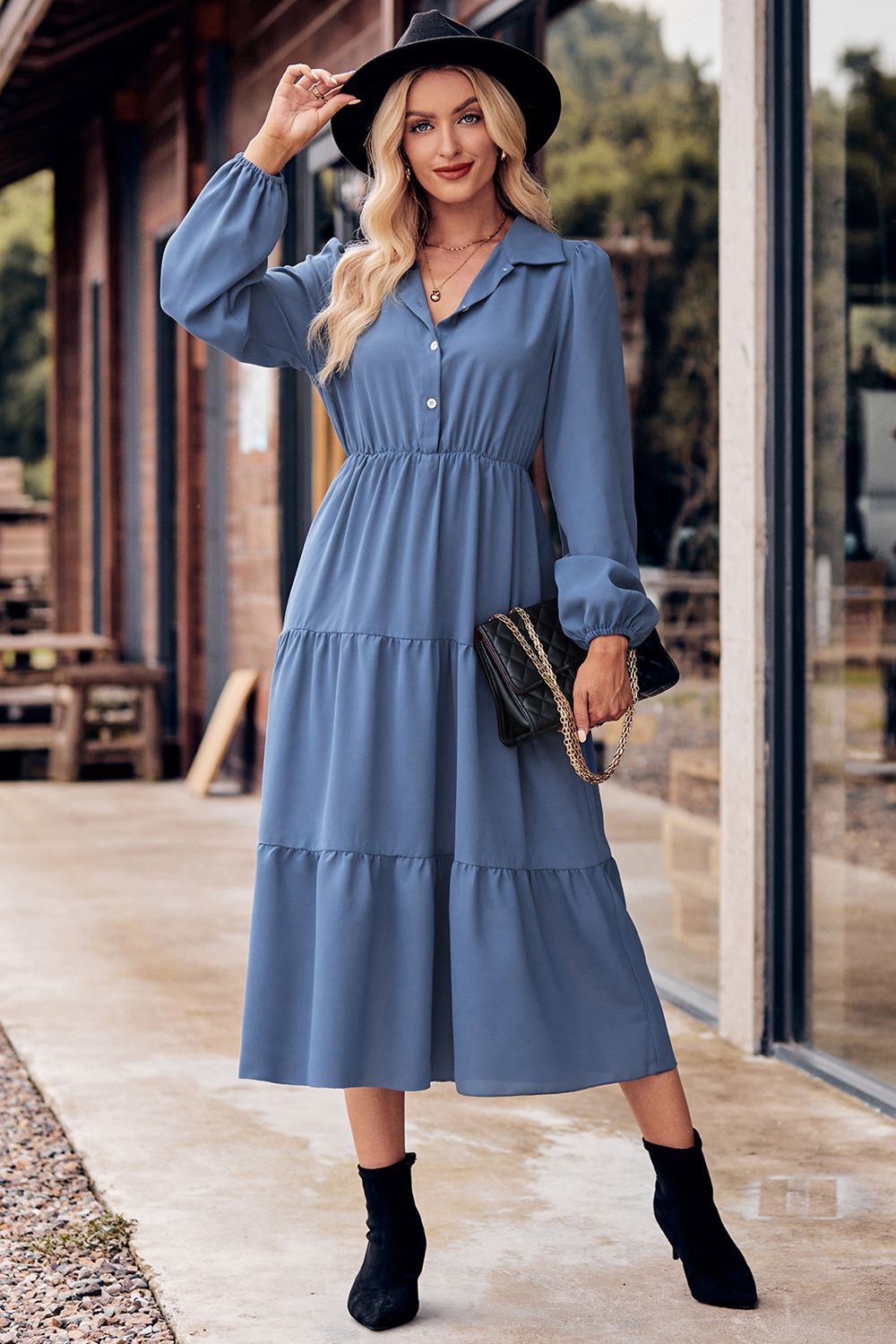 Collared Neck Long Sleeve Midi Dress