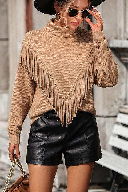 Turtle Neck Tassel Front Long Sleeve Pullover Sweater