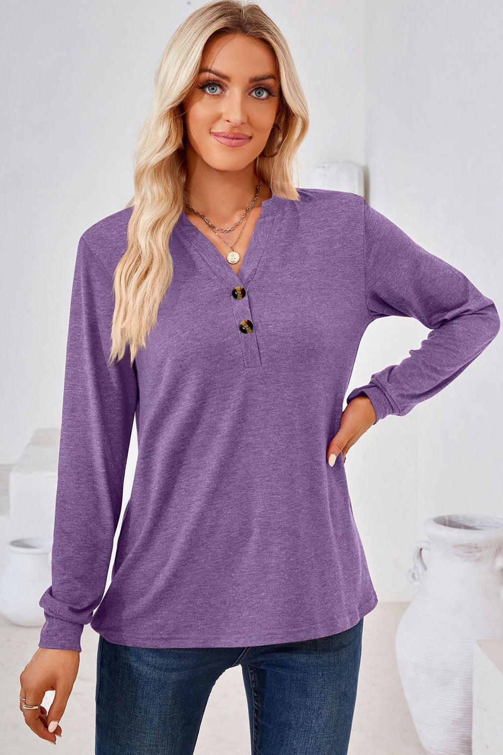 V-Neck Buttoned Long Sleeve Blouse