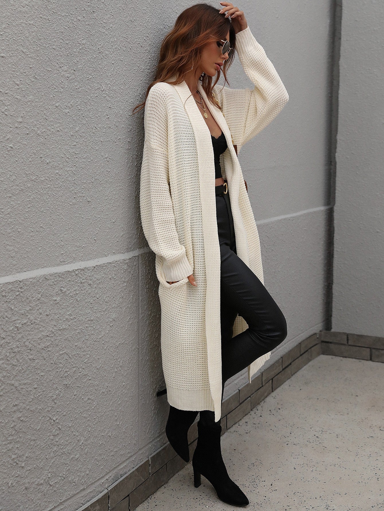 Waffle Knit Open Front Duster Cardigan With Pockets