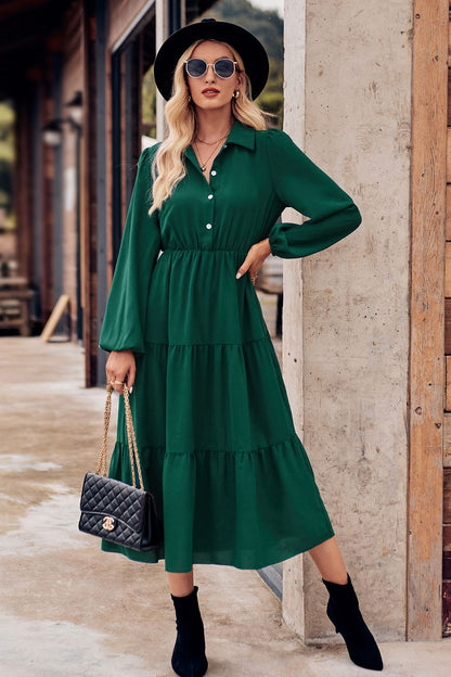 Collared Neck Long Sleeve Midi Dress