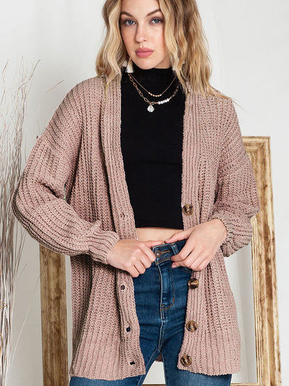 Button-Up V-Neck Long Sleeve Cardigan