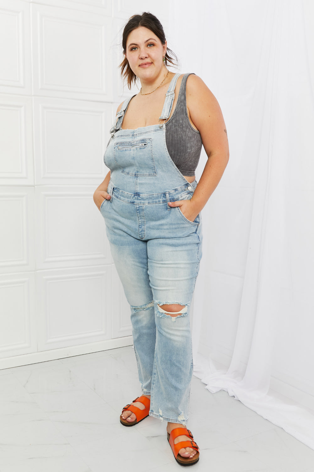 Melina Distressed Straight Leg Overalls