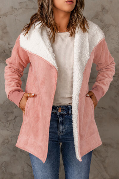 Open Front Long Sleeve Sherpa Jacket with Pockets