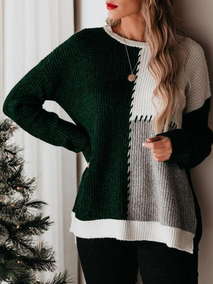 Color Block Round Neck Long Sleeve Sweater