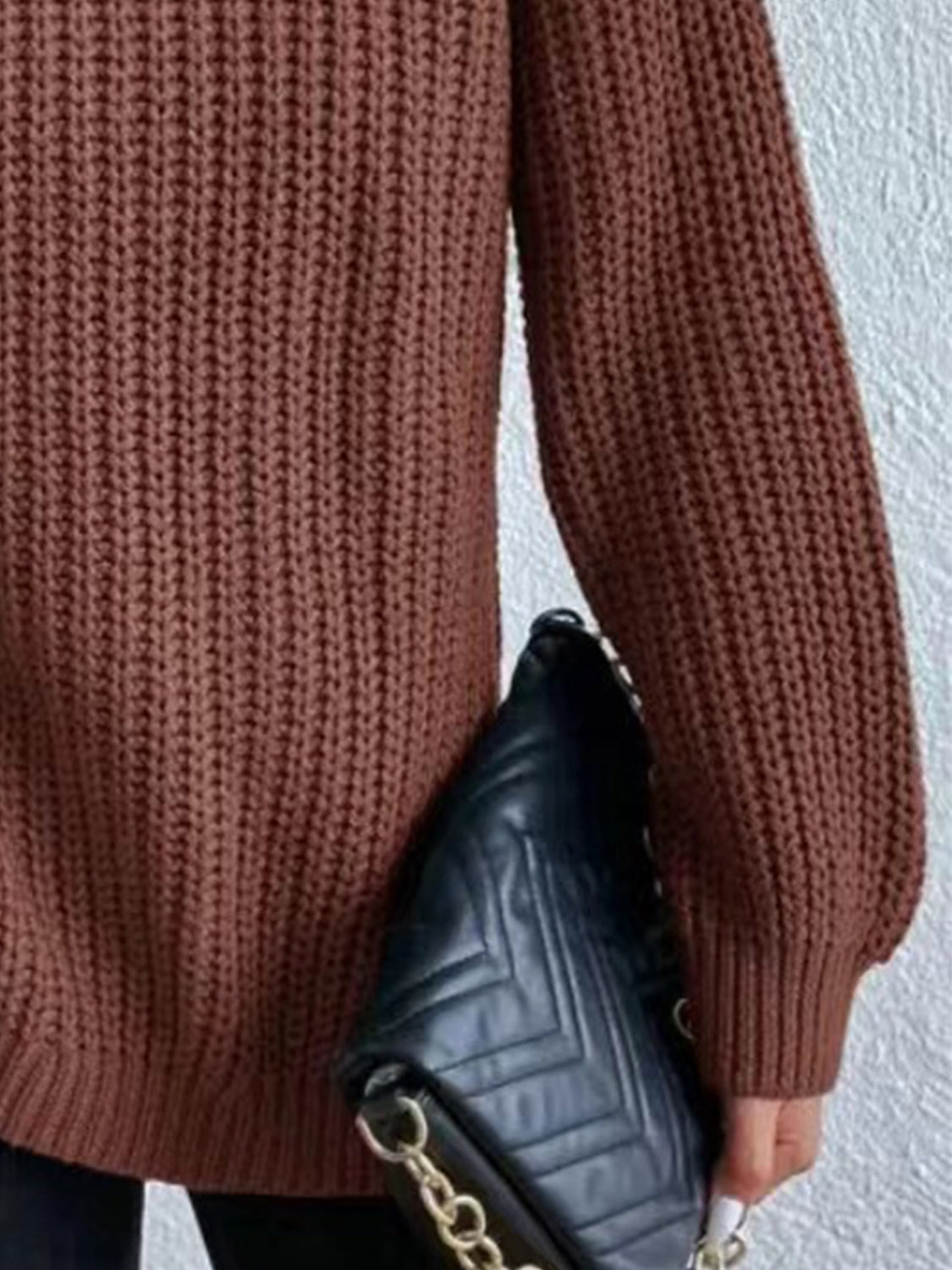 Turtleneck Rib-Knit Slit Sweater