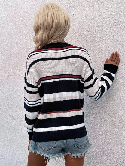 Striped Drop Shoulder Round Neck Pullover Sweater