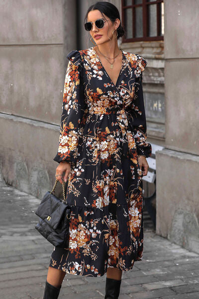 Floral Surplice Tie Front Ruffle Hem Midi Dress