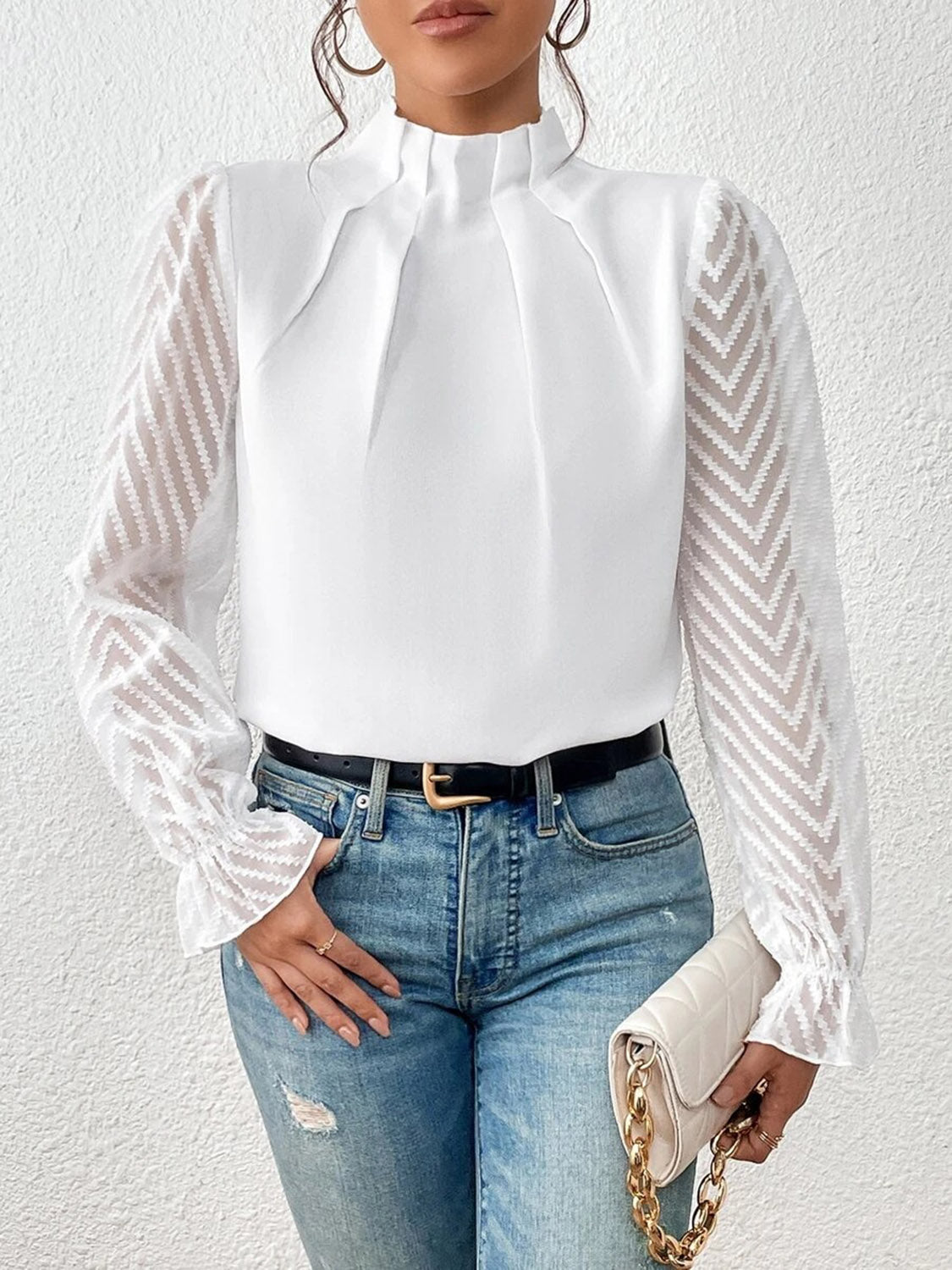 Mock Neck Flounce Sleeve Blouse