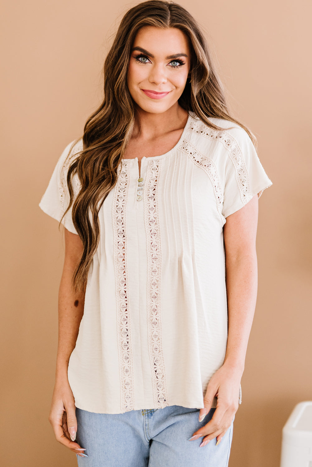 Crochet Eyelet Buttoned Short Sleeves Top