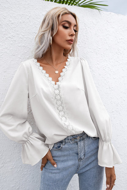 Lace Trim Flounce Sleeve Blouse