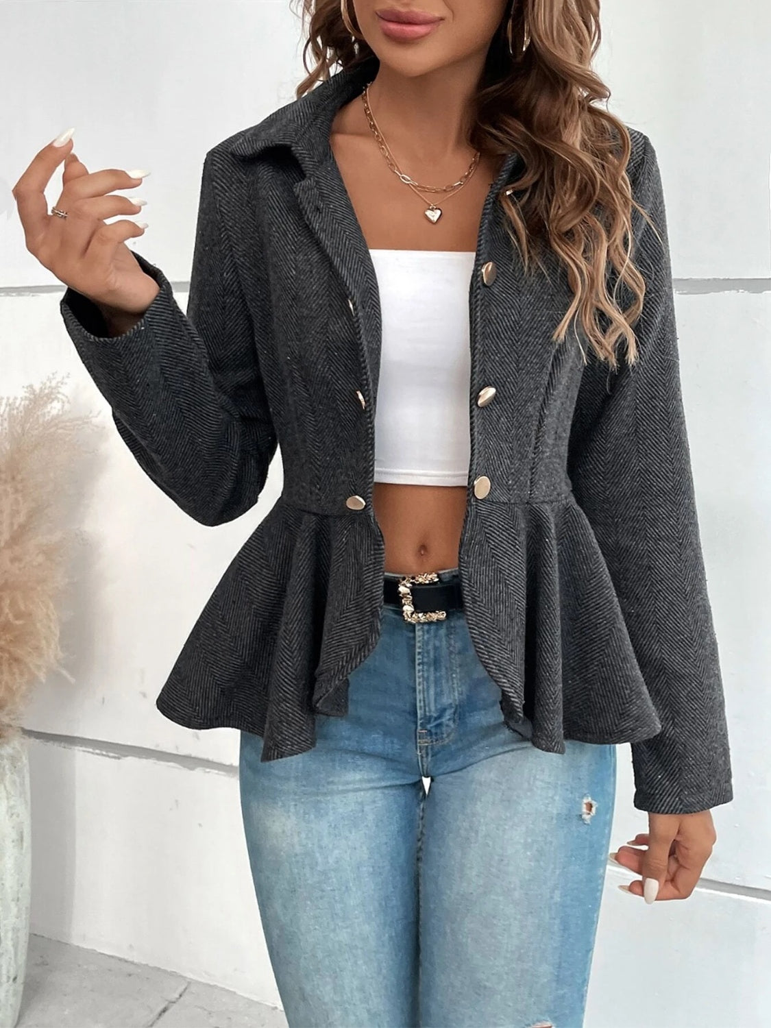 Ruffle Hem Collared Blazer