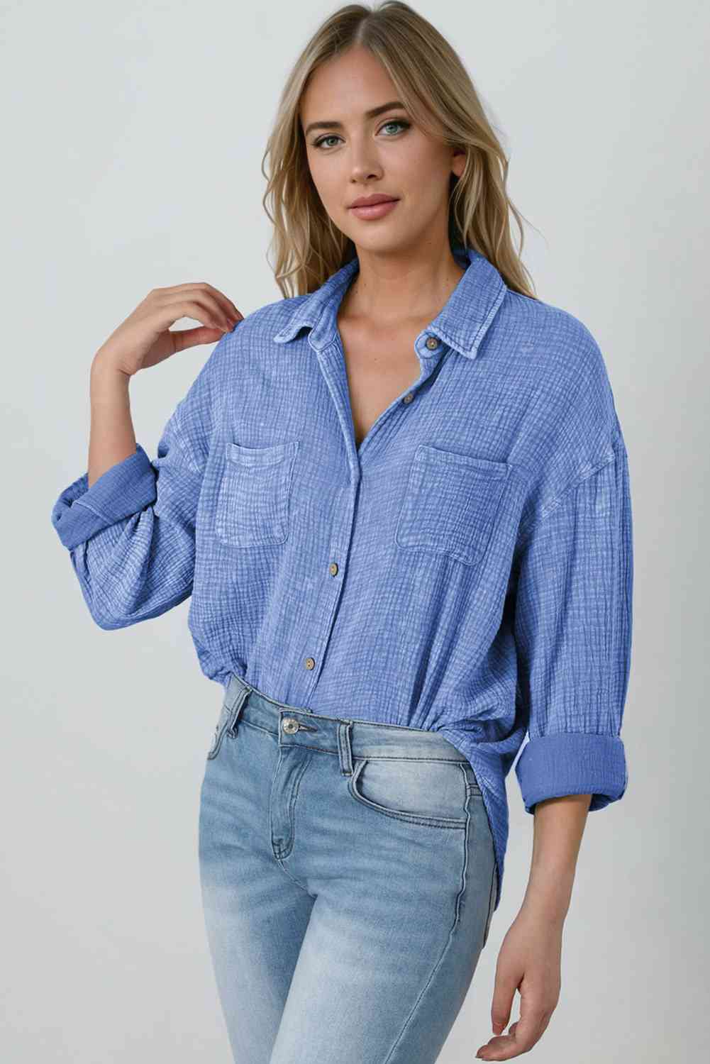 Mineral Wash Crinkle Textured Chest Pockets Shirt