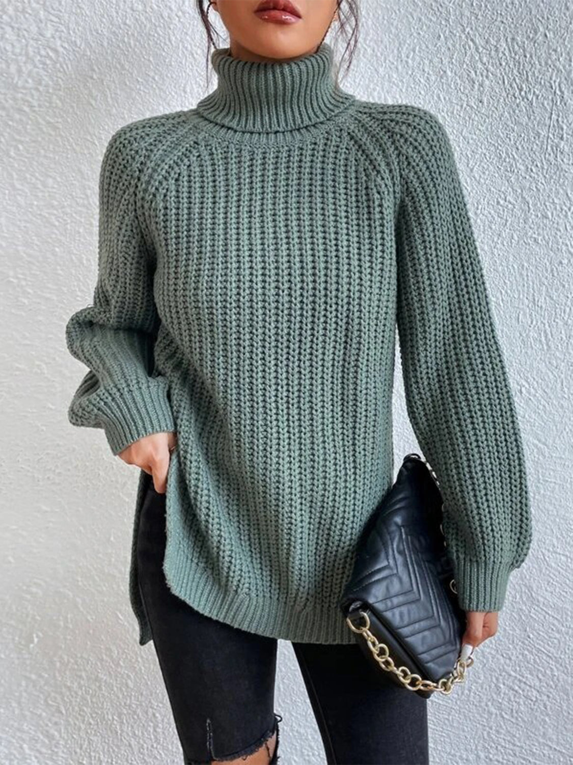 Turtleneck Rib-Knit Slit Sweater