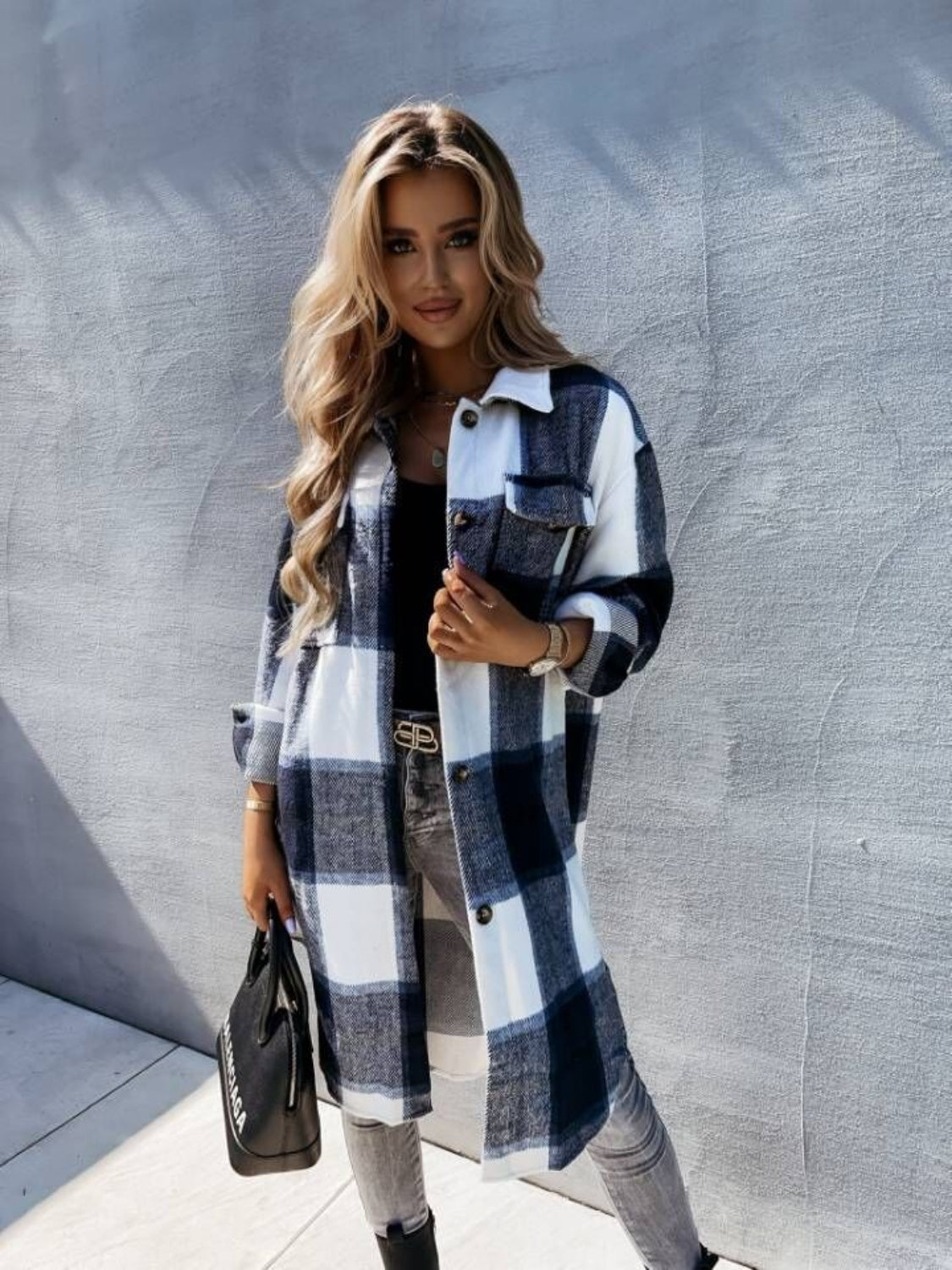 Plaid Collared Neck Longline Shirt