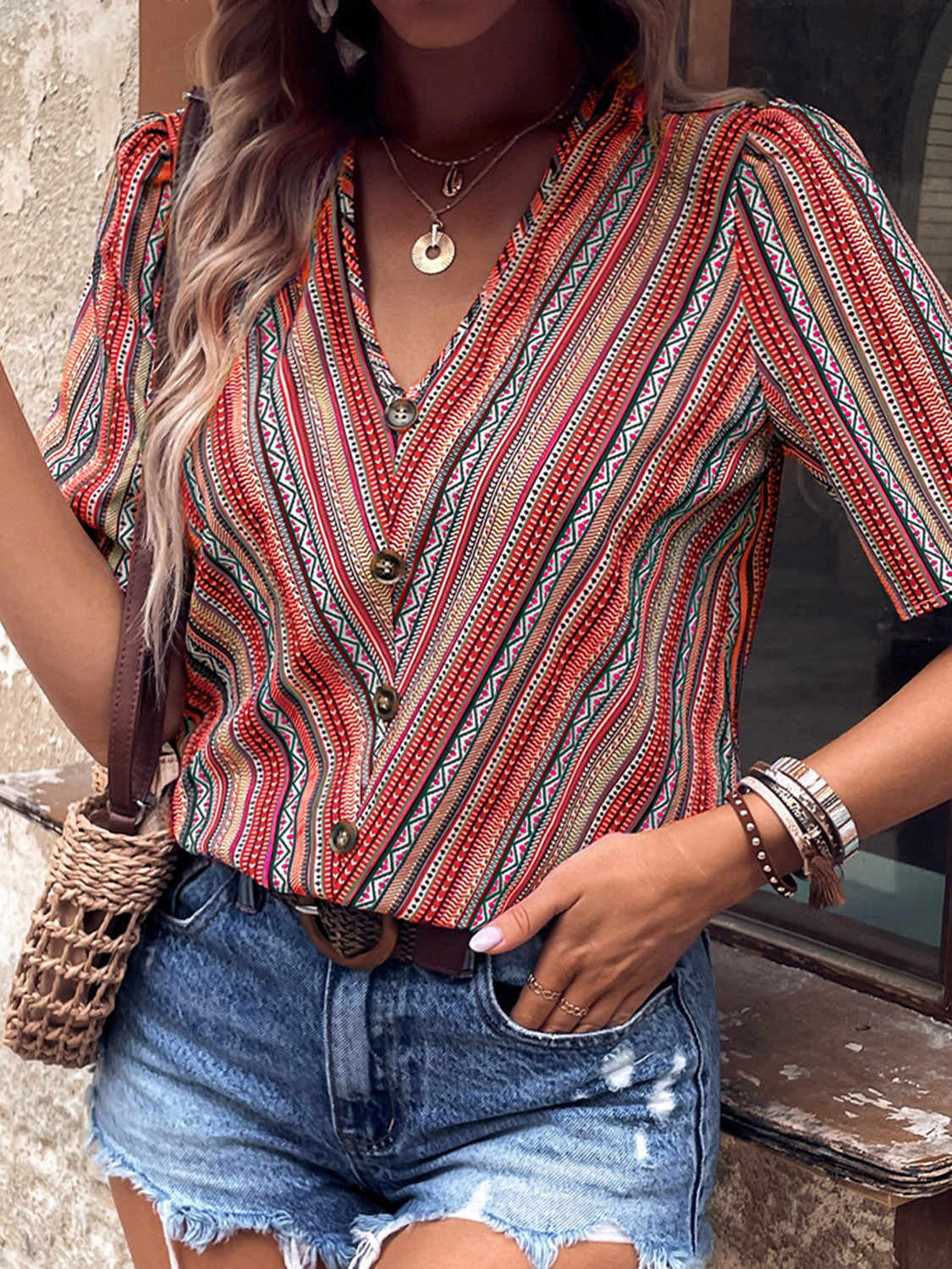 Printed V-Neck Button-Up Short Sleeve Top