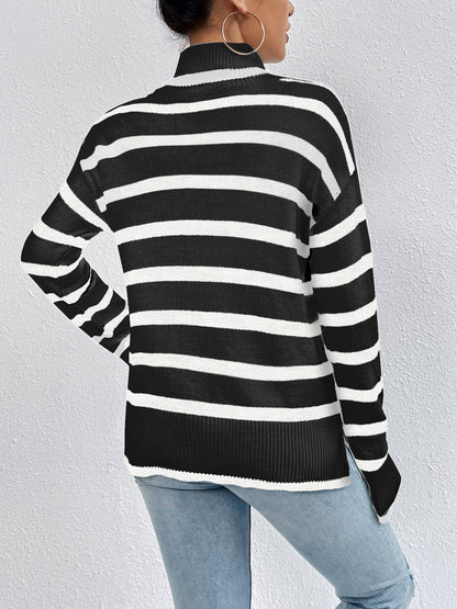 Striped Turtleneck Drop Shoulder Sweater