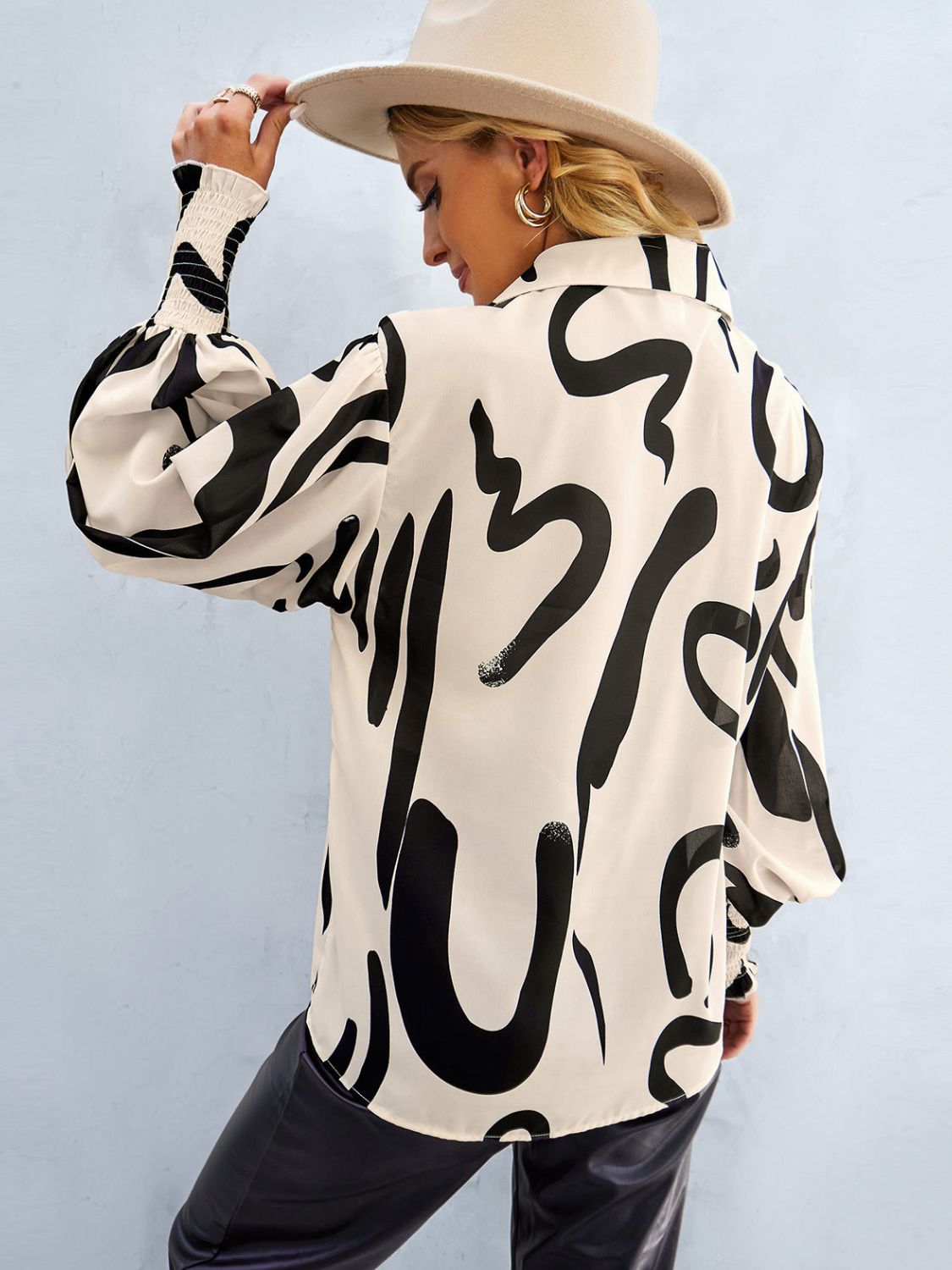 Printed Lantern Sleeve Button-Up Shirt