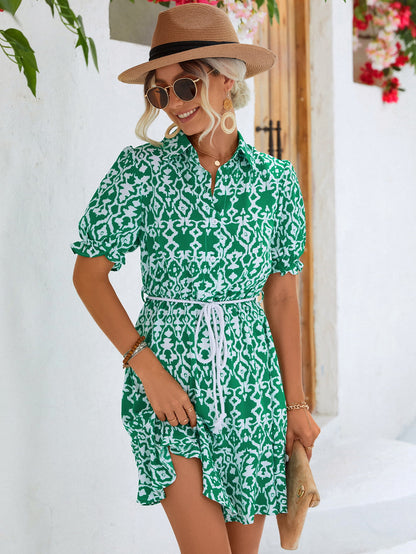 Printed Tie Waist Collared Flounce Sleeve Dress