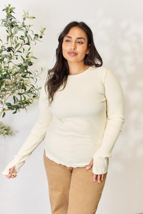 Culture Code Ribbed Round Neck Long Sleeve Top