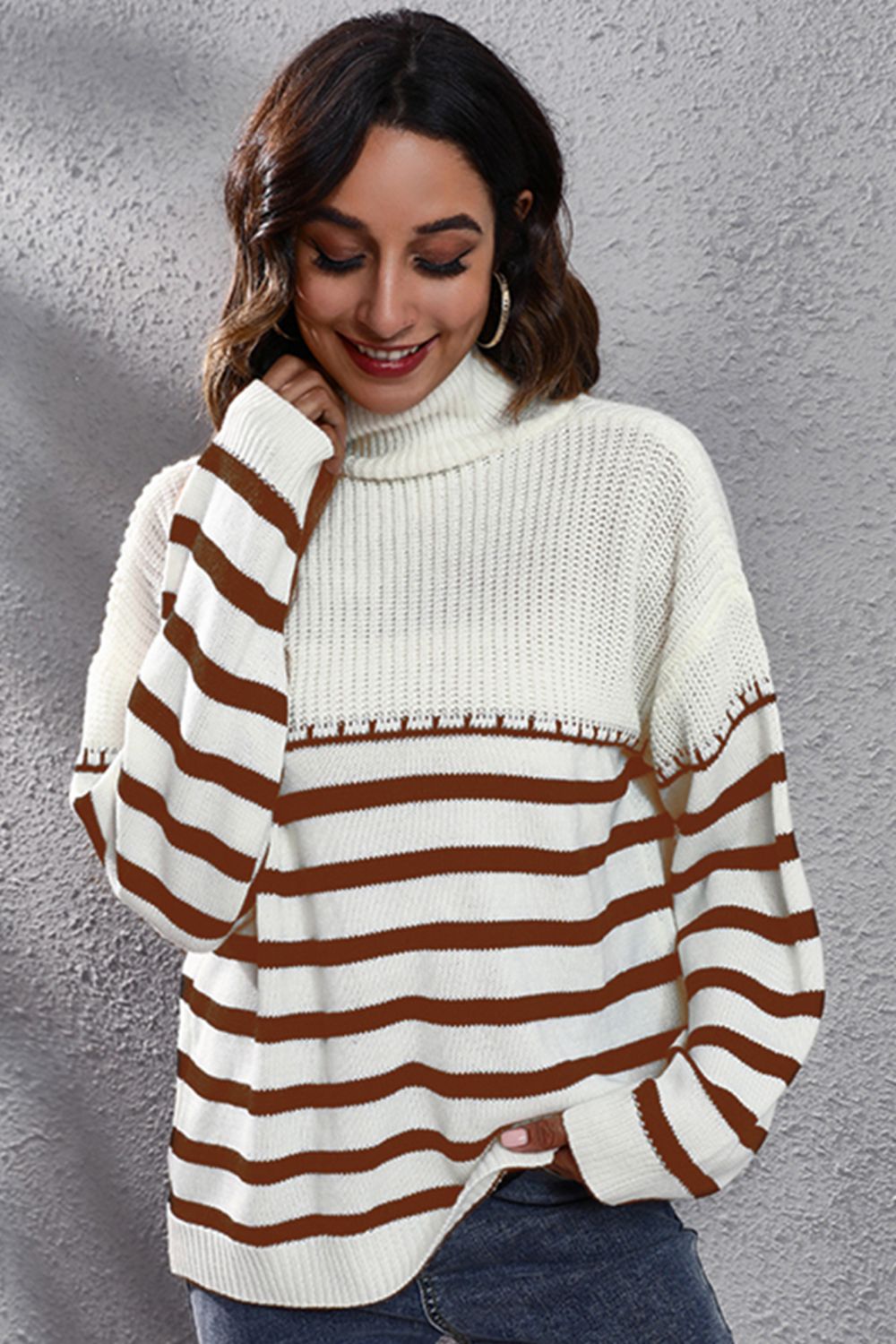 Striped Turtleneck Drop Shoulder Sweater