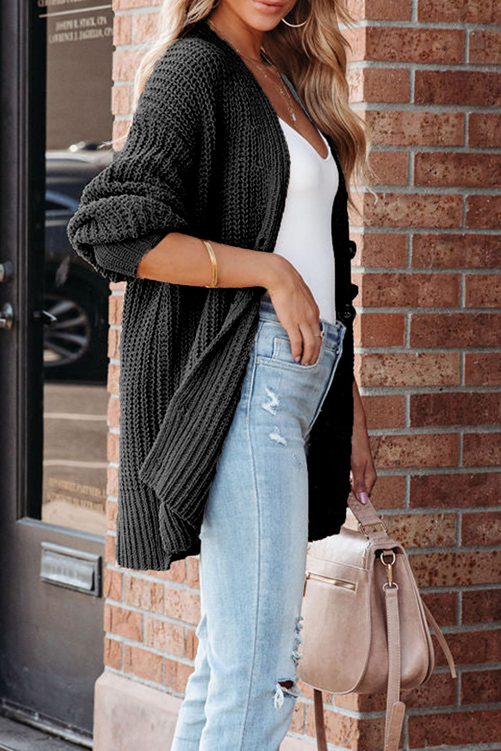 Button-Up V-Neck Long Sleeve Cardigan